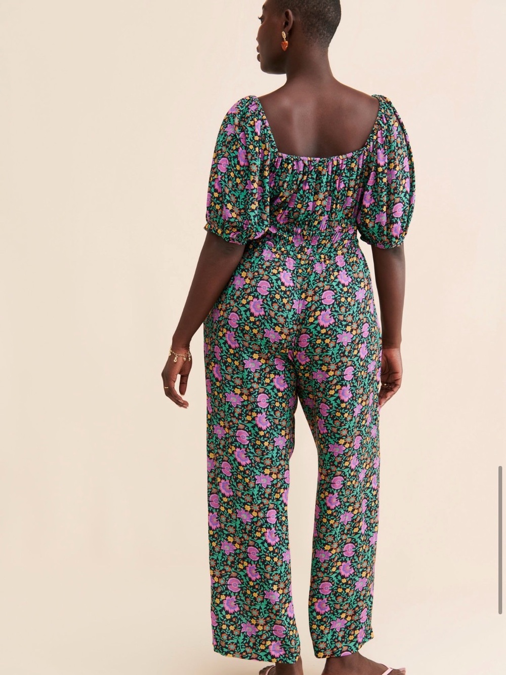 Spell Black Floral Square-Neck Wide-Leg Jumpsuit with Pink Flowers - Picture 2 of 10